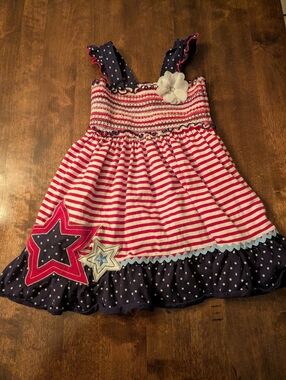 Girls Red & Navy Striped Star Appliqué Dress/ 4T